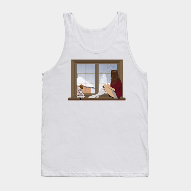 Girl and beagle dog sitting on the window. winter landscape Tank Top by NinoRc